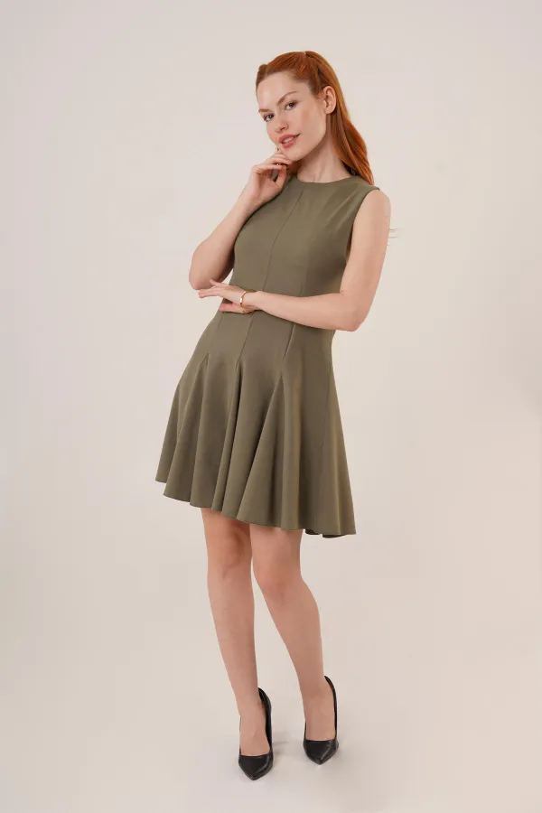 Sıfır Kol Pileli Toptan Haki Mini Elbise