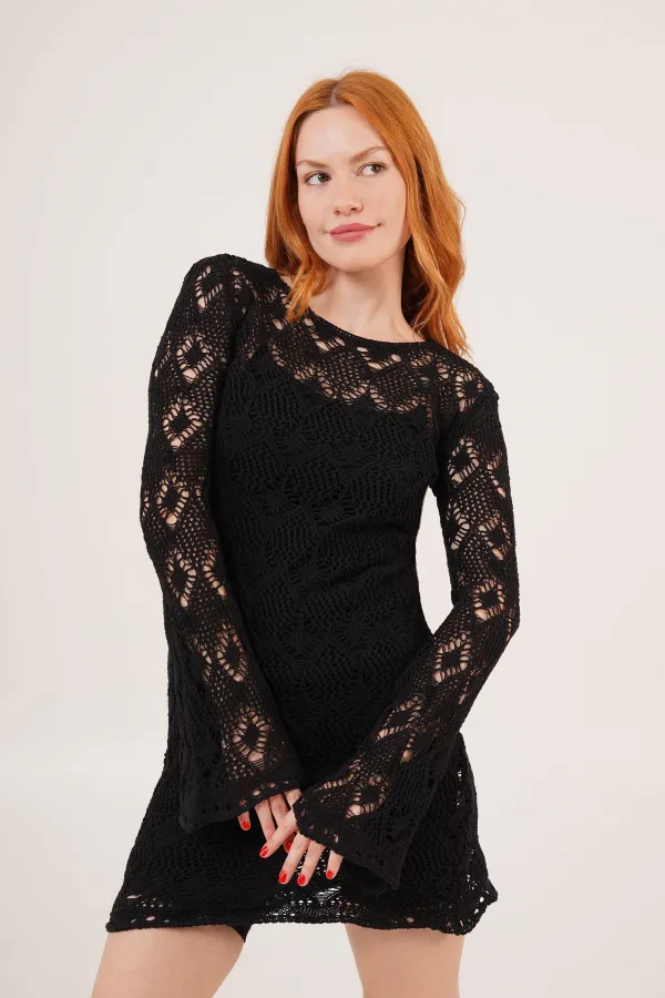 Ajurlu Kayık Yaka Toptan Siyah Elbise