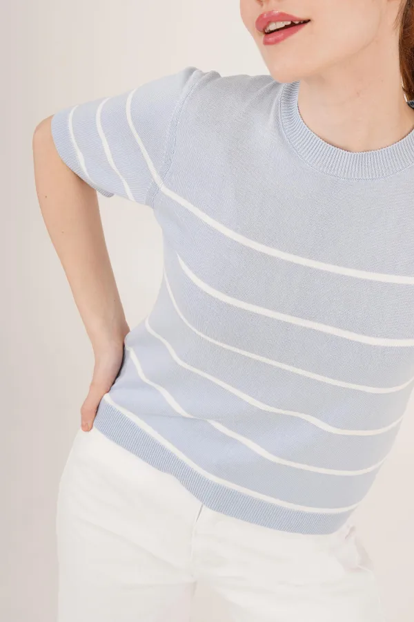 Çizgili Kısa Kol Bebe Mavisi Toptan Bluz