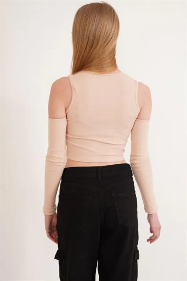 Omuz Detaylı Bisiklet Yaka Toptan Bluz Taş