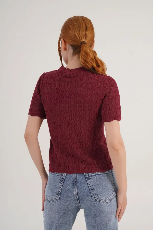 Örgü Model Kısa Kol Toptan Bordo Triko Bluz