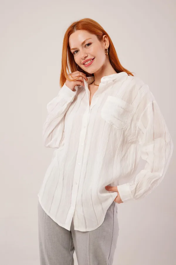 Hakim Yaka Çizgili Cep Detaylı Toptan Beyaz Gömlek