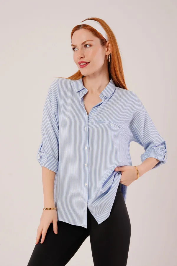 Cep Detay Mavi Oversize Çizgili Toptan Gömlek