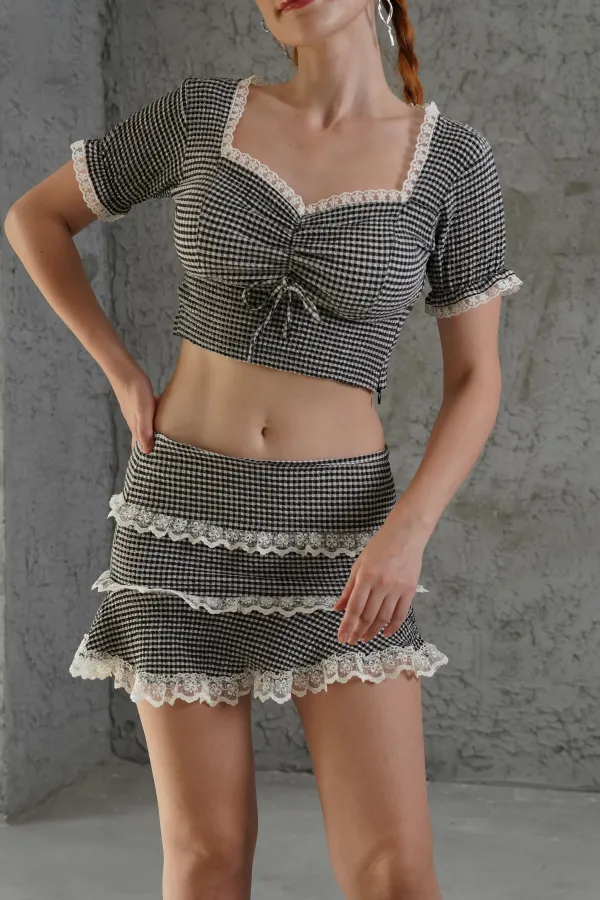 Pötikare Desenli Etek Crop Siyah Toptan İkili Takım