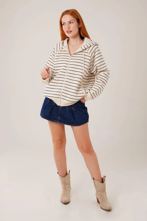 Kapüşonlu Fermuarlı Çizgili Toptan Taş Hırka