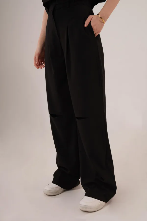 Cepli Düğmeli Bluz Ve Diz Detaylı Pantolon Siyah Toptan İkili Takım