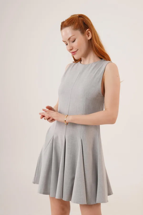 Sıfır Kol Pileli Toptan Gri Mini Elbise