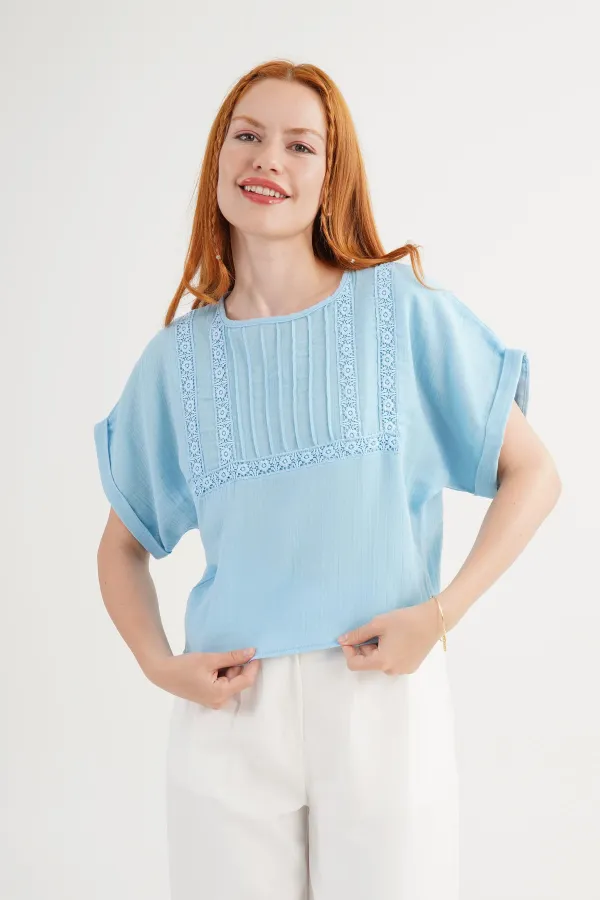 Ön Dantel Detaylı Toptan Mavi Bluz