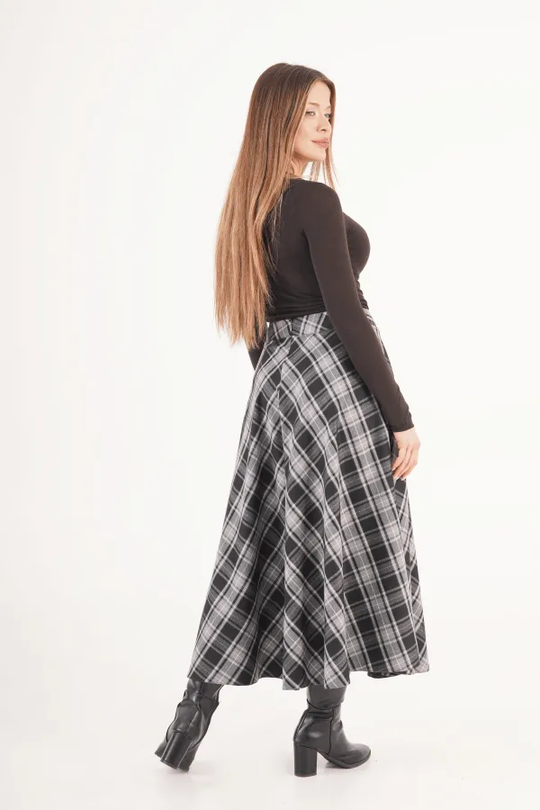 Kareli Yüksek Bel Trend Siyah Toptan Etek