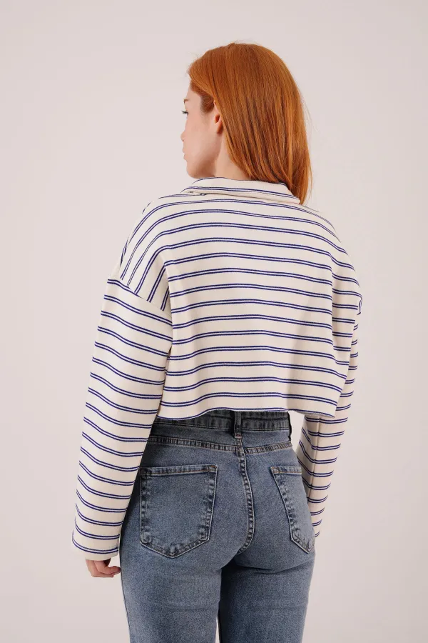 Polo Yaka Lacivert Çizgili Toptan Crop Sweatshirt