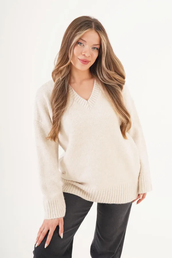 Pull en maille côtelée épaisse à col en V orné de pierres, en gros