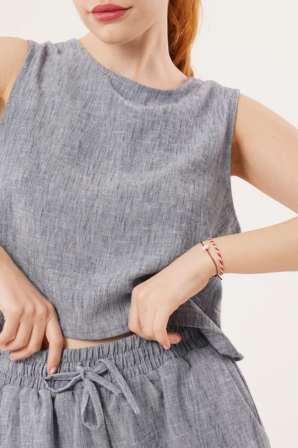 Arkası Düğme Detaylı Bluz Ve Cepli Şort İkili Toptan İndigo Takım