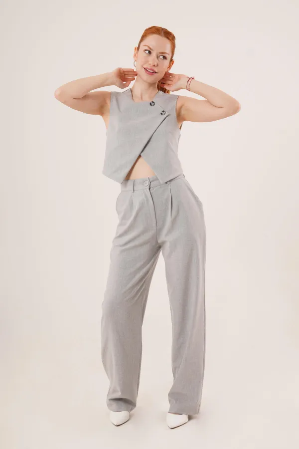 Çift Düğmeli Çapraz Model Gri Toptan Yelek