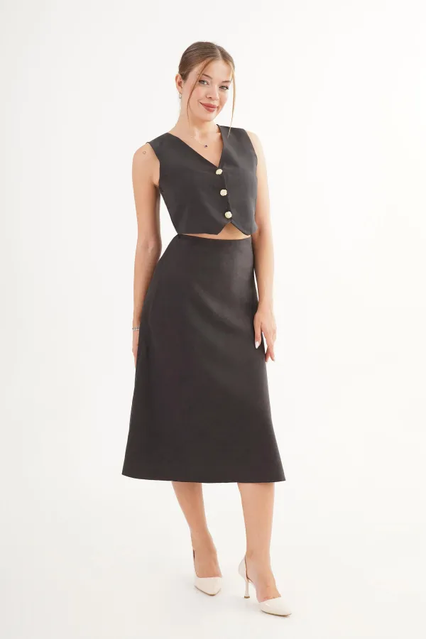 Ensemble gilet et jupe haut de gamme en daim noir, vente en gros