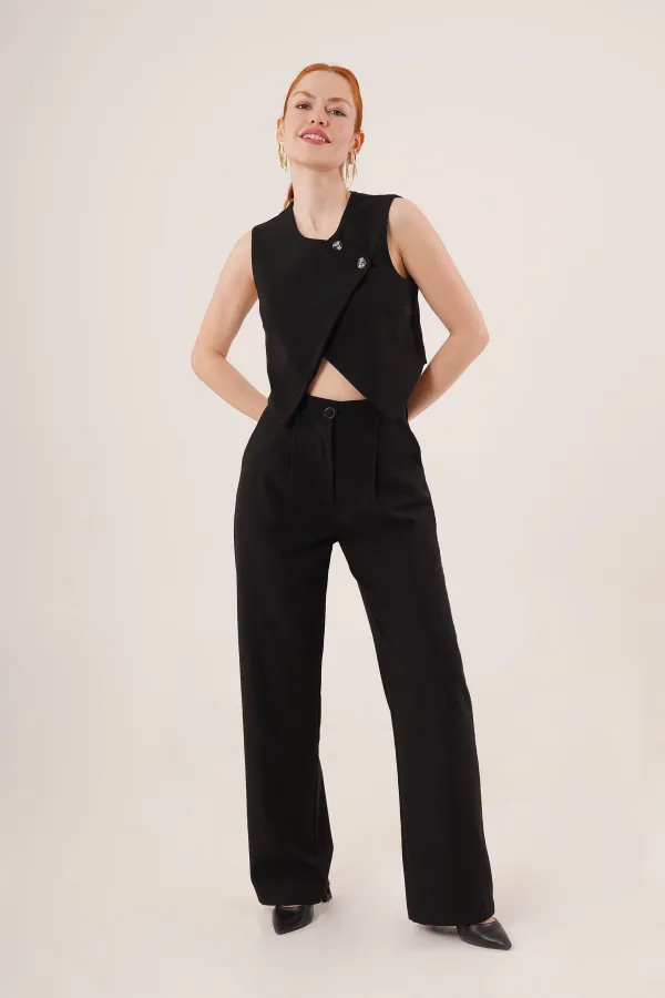 Double Buttoned Cross Model Black Wholesale Vest