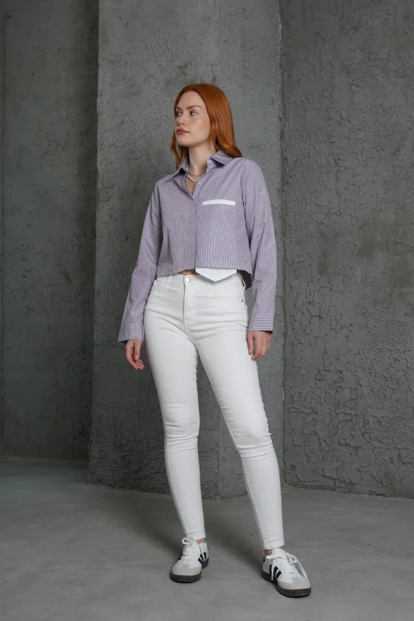 Uzun Cepli Çizgili Mor Toptan Gömlek