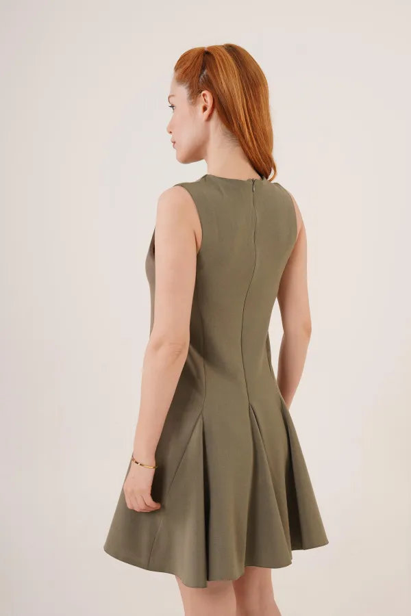 Sıfır Kol Pileli Toptan Haki Mini Elbise