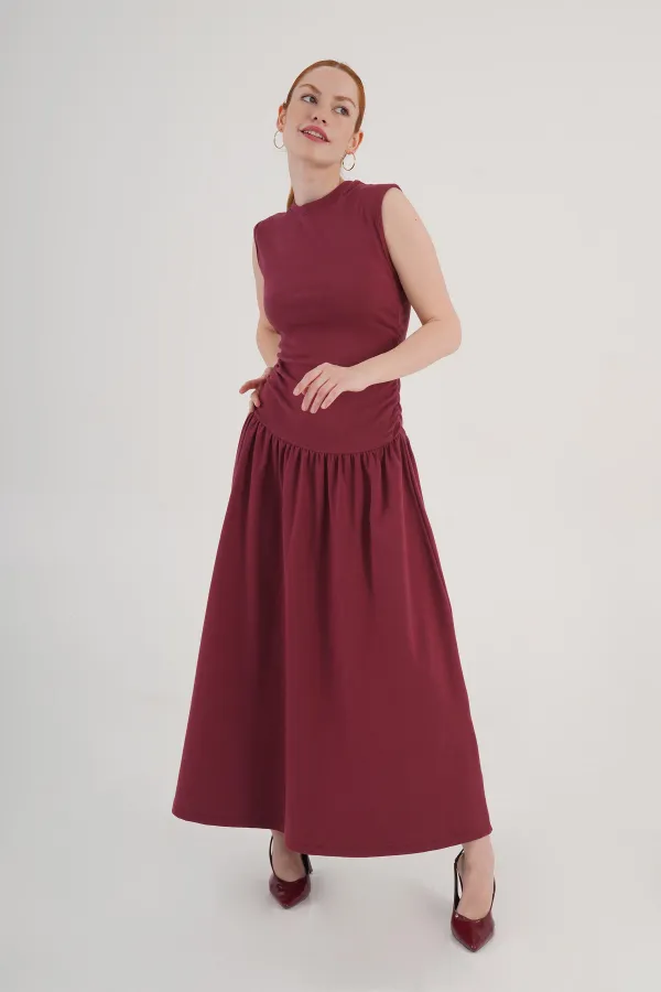 Beli Büzgülü Bordo Toptan Elbise