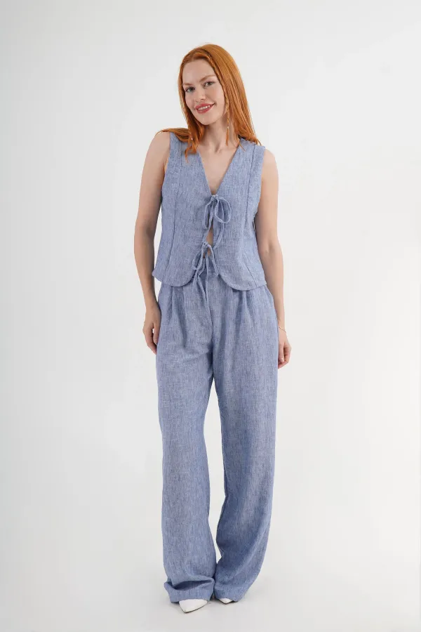 Ön Bağlama Detaylı Yelek Ve Pantolon İndigo Toptan İkili Takım