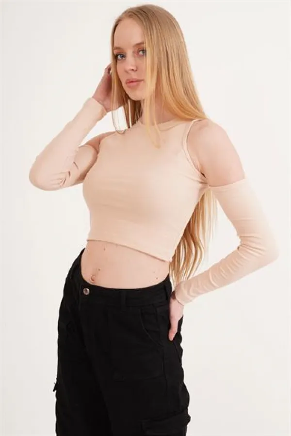 Omuz Detaylı Bisiklet Yaka Toptan Bluz Taş