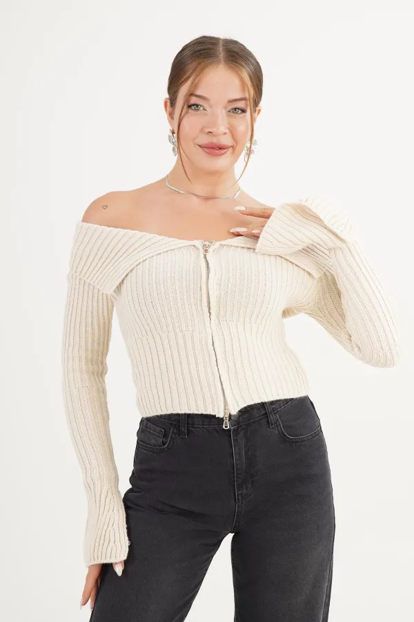 Madonna Yaka Full Fermuarlı Toptan Taş Triko Bluz