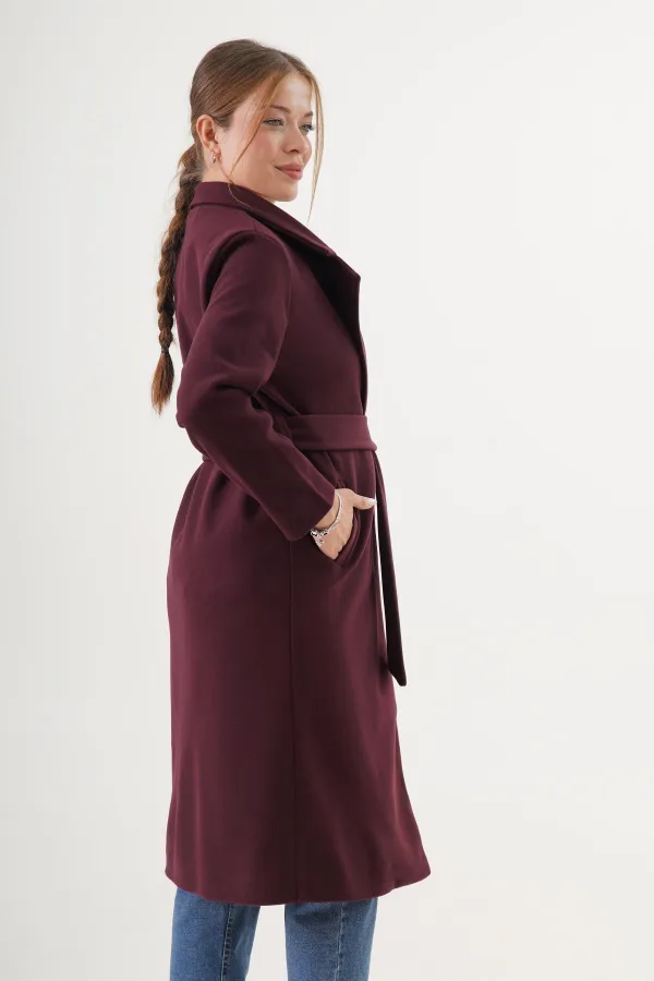 Beli Kuşaklı Astarlı Toptan Bordo Kaşe Kaban