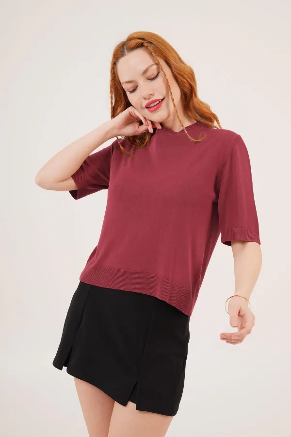 Yarım Kol Yuvarlak Yaka Likralı Toptan İnce Bordo Triko Bluz