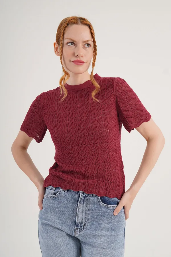 Örgü Model Kısa Kol Toptan Bordo Triko Bluz