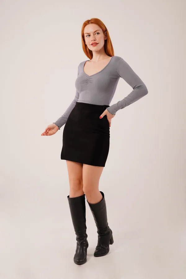 Geniş Yaka Gri Toptan Basic Body Bluz