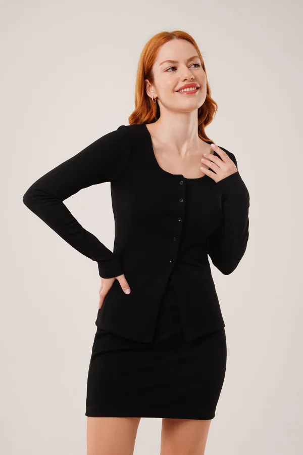 Çizgili Etek Düğmeli Bluz Toptan Siyah Takım