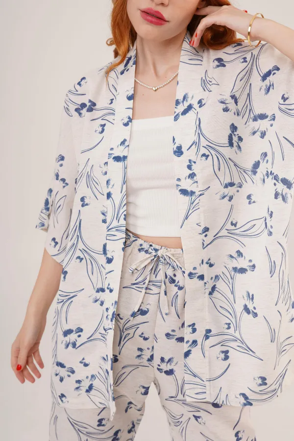 Mavi Çiçek Desenli Toptan Ekru İkili Takım