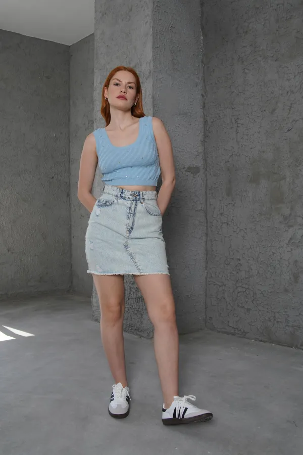 Eteği Püskül Detaylı Mavi Toptan Etek