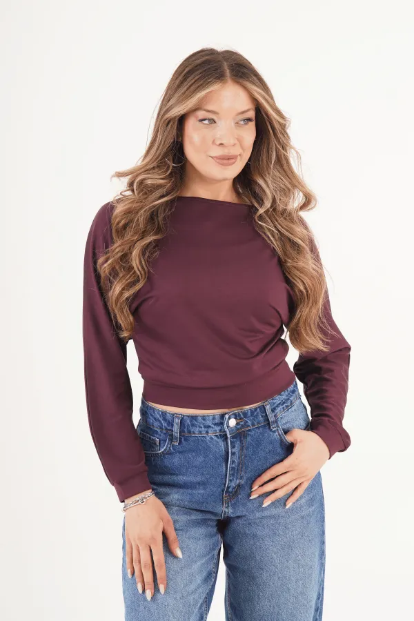 İnce Oys Kumaş Yarasa Kol Toptan Mürdüm Bluz