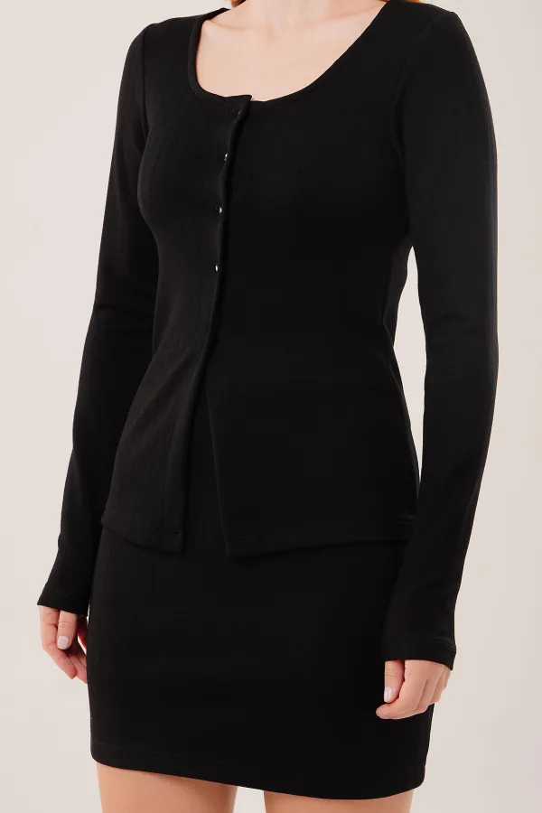 Çizgili Etek Düğmeli Bluz Toptan Siyah Takım