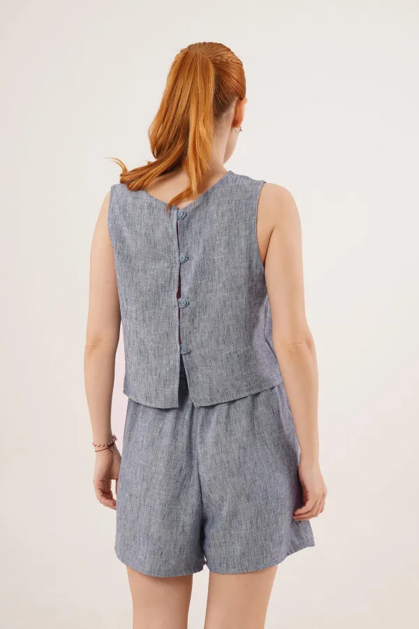 Arkası Düğme Detaylı Bluz Ve Cepli Şort İkili Toptan İndigo Takım