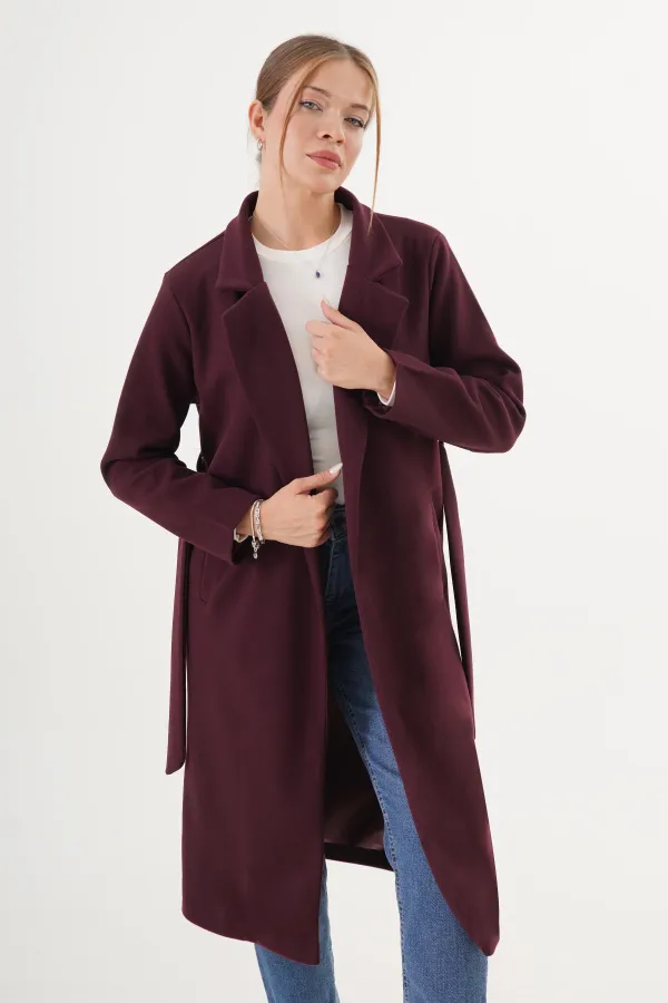 Beli Kuşaklı Astarlı Toptan Bordo Kaşe Kaban