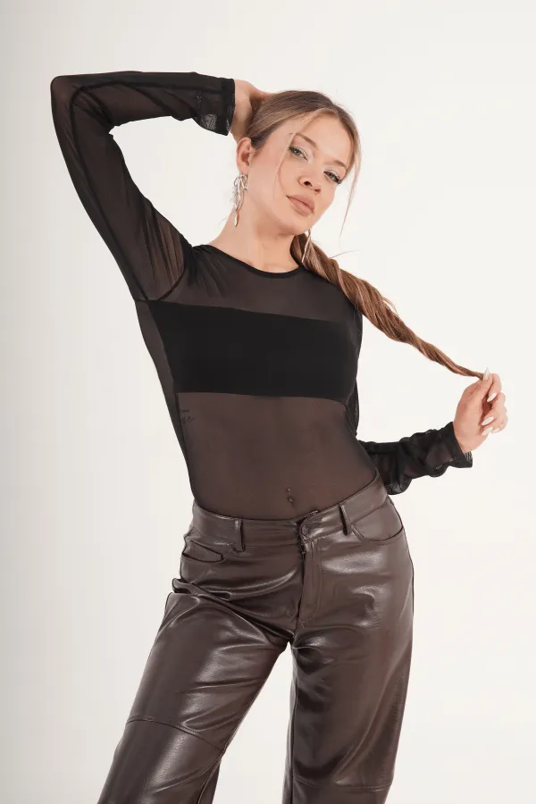 Body noir pour femme en gros avec tulle transparent contrastant