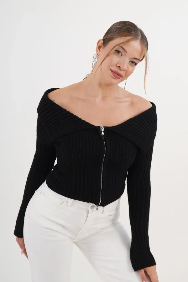 Madonna Yaka Full Fermuarlı Toptan Siyah Triko Bluz