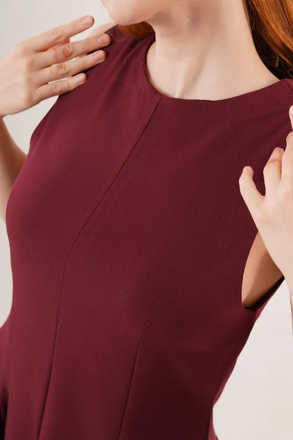 Sıfır Kol Pileli Toptan Bordo Mini Elbise