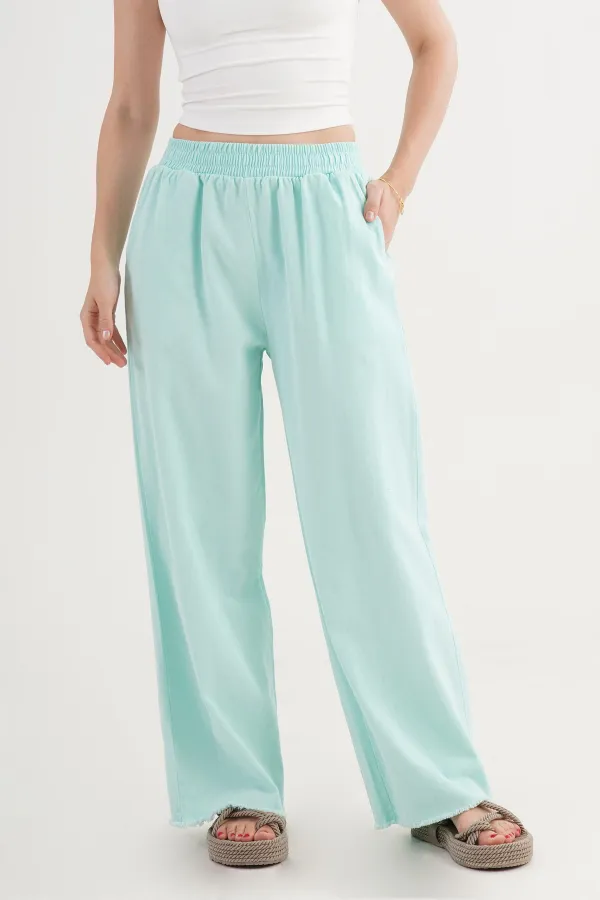 Wholesale Aqua Green Trousers with Elastic Waistband and Pocket Detail
