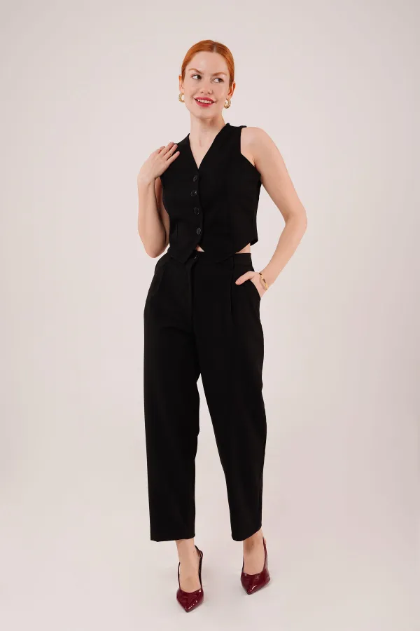 Kapama Cep Detaylı Toptan Siyah Pantolon