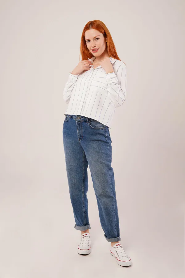 Tek Cepli Mavi Çizgili Toptan Gömlek