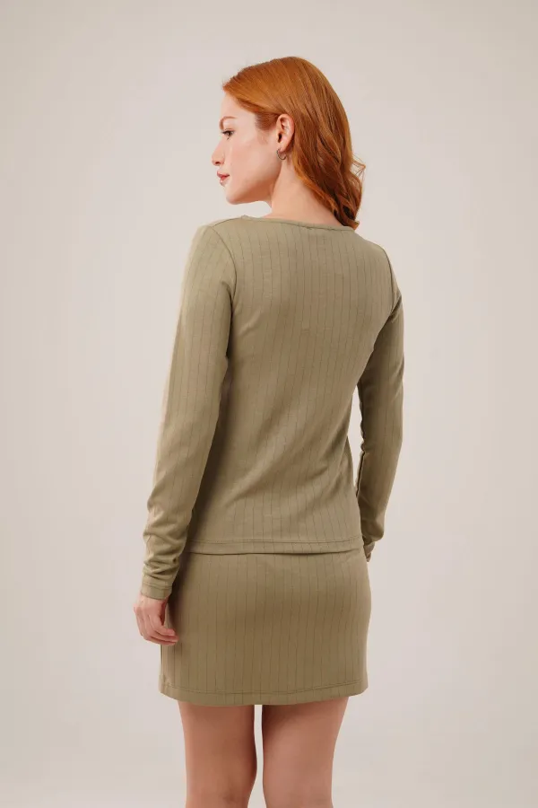 Çizgili Etek Düğmeli Bluz Toptan Haki Takım