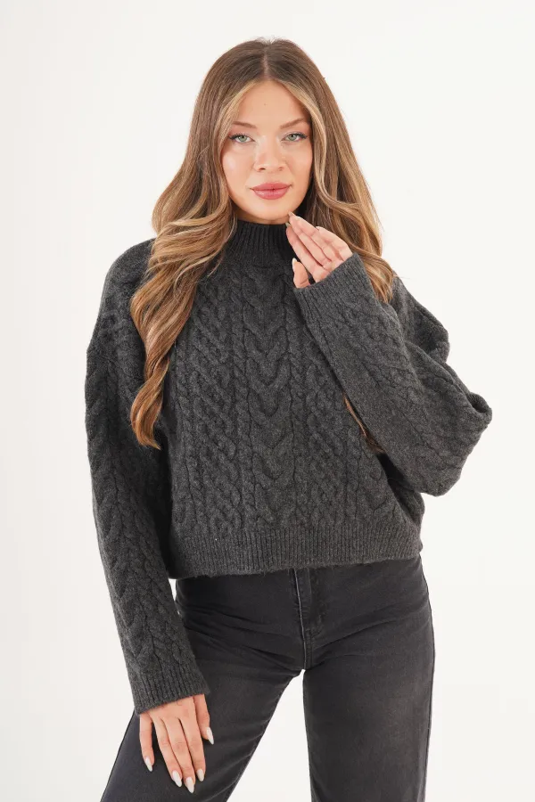 Sarmal Örgü Desenli Triko Antrasit Toptan Kazak