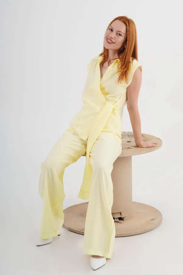 Double Breasted Shirt Blouse and Trousers Wholesale Yellow Suit