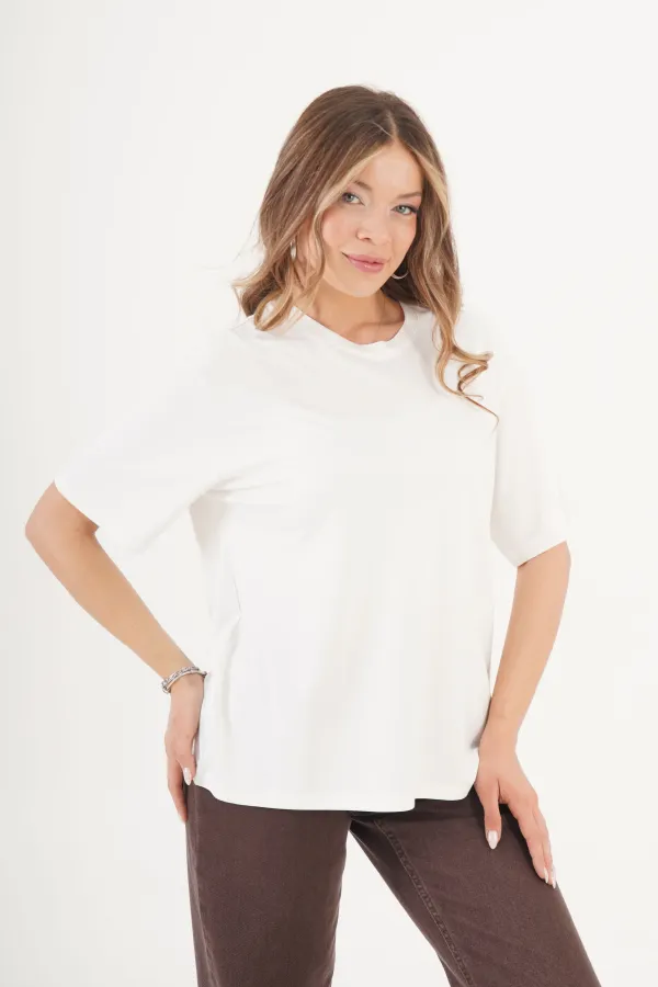 Dikiş Detaylı Bisiklet Yaka Toptan Beyaz Tişört