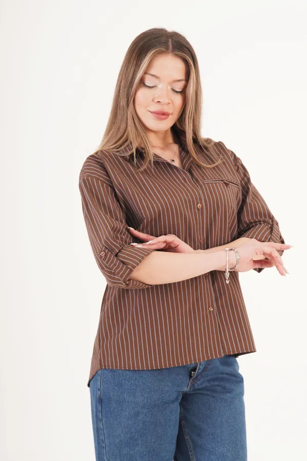 Kontrast Mavi Çizgili Kol Manşetli Kahve Toptan Gömlek