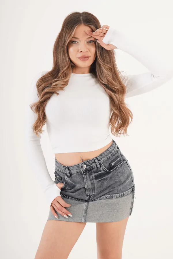 Ucu Katlama Detaylı Eskitme Mini Denim Etek