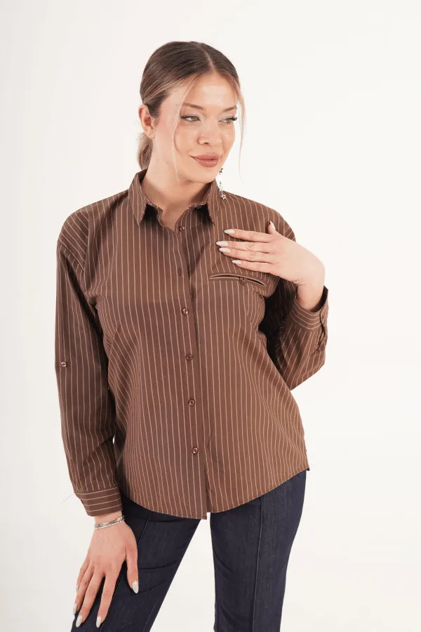 Kontrast Çizgili Kol Manşetli Kahve Toptan Gömlek