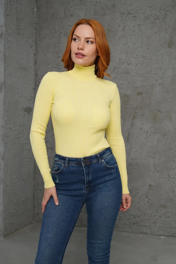 Pull jaune tricoté à col roulé et détails côtelés, vente en gros